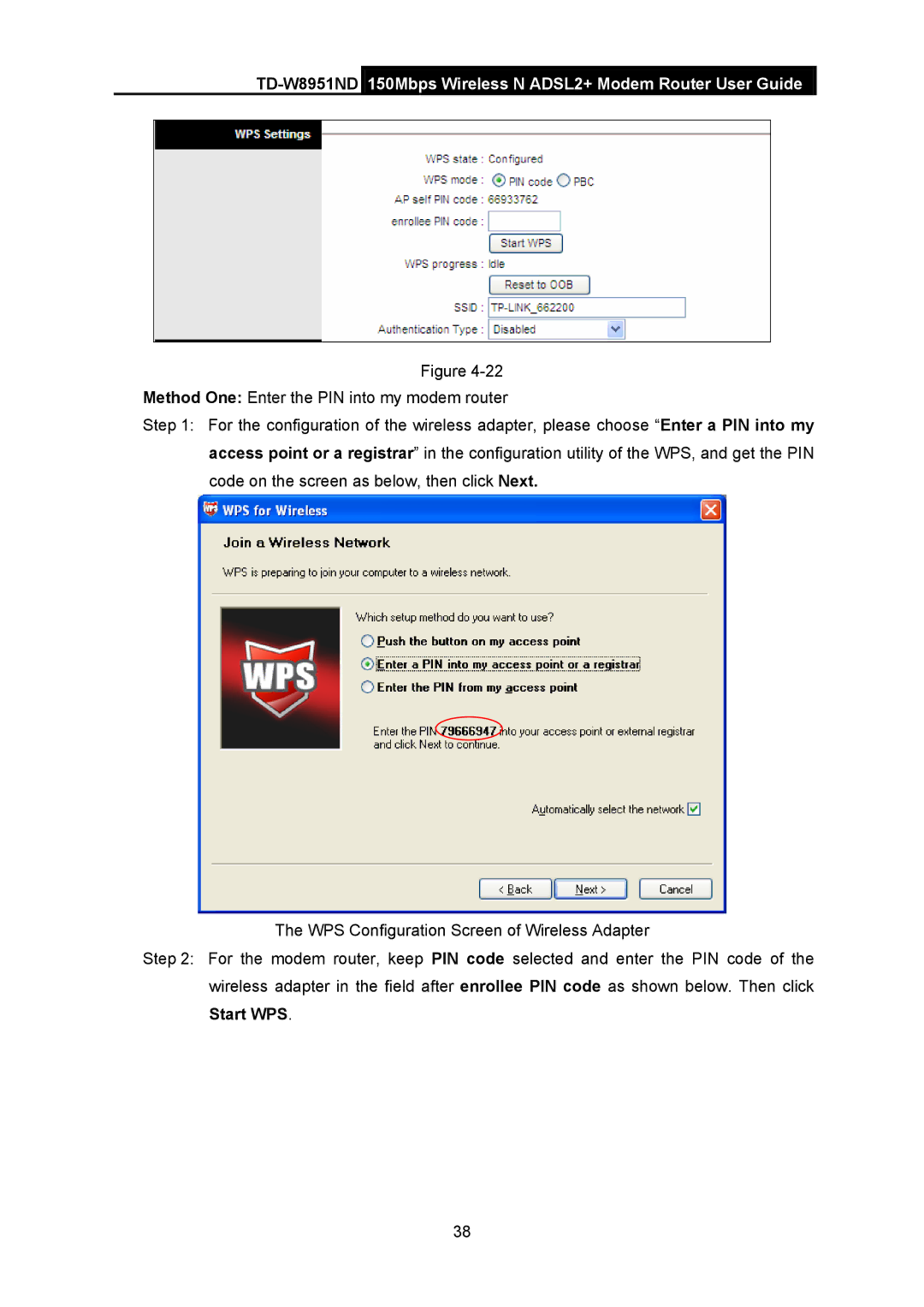 TP-Link td-w8951nd manual Start WPS, Method One Enter the PIN into my modem router 