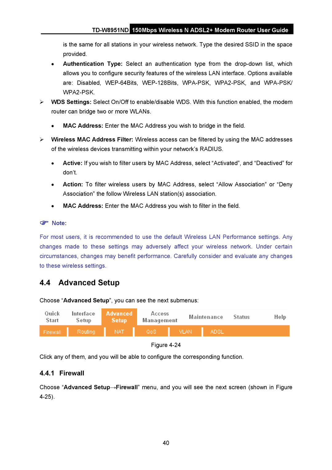 TP-Link td-w8951nd manual Advanced Setup, Firewall 