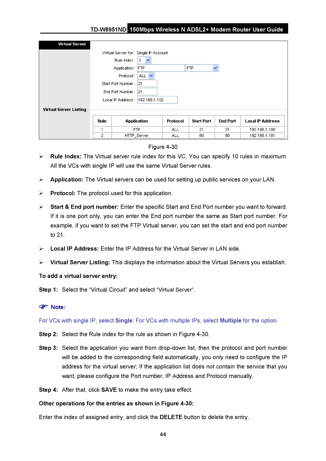 TP-Link td-w8951nd manual To add a virtual server entry, Other operations for the entries as shown in Figure 