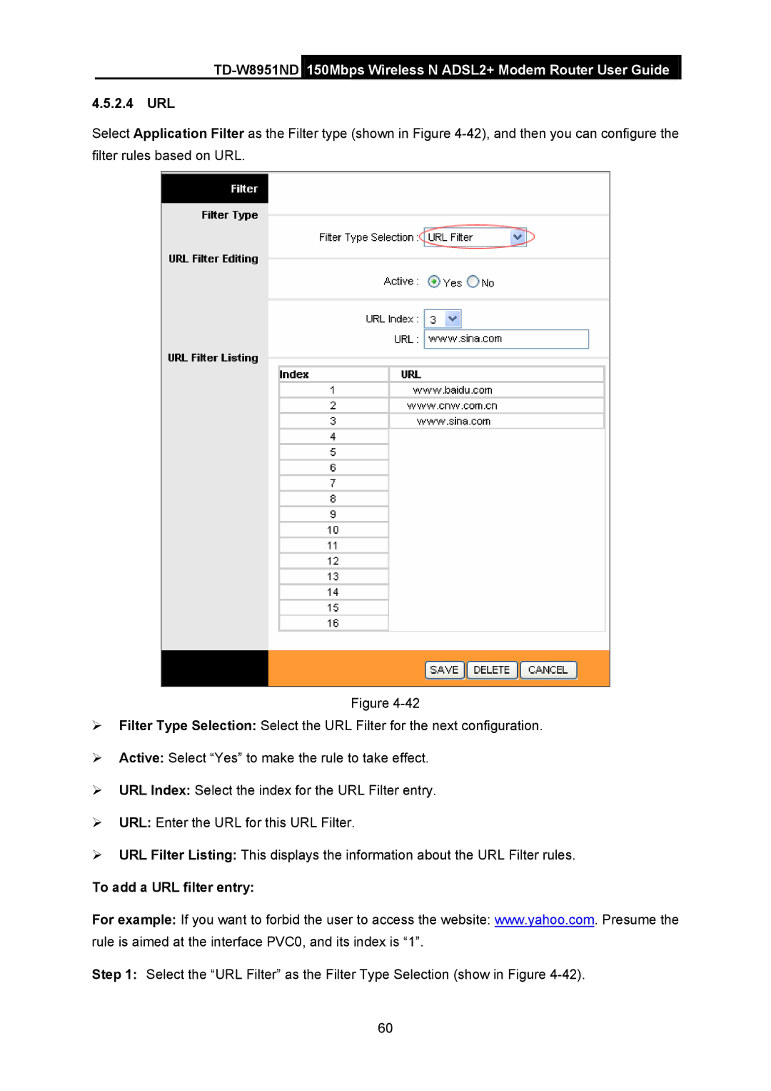 TP-Link td-w8951nd manual 2.4 URL, To add a URL filter entry 