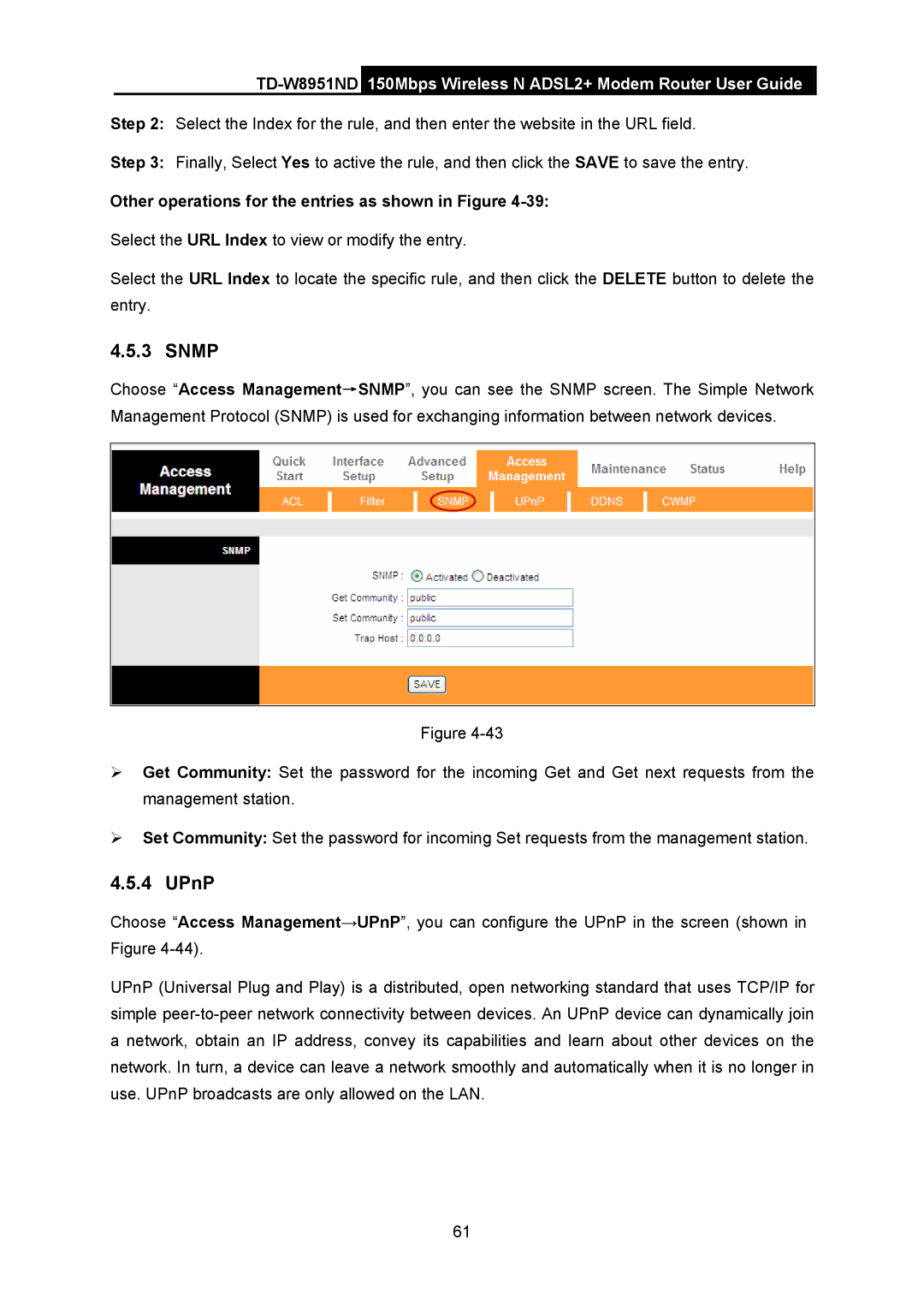 TP-Link td-w8951nd manual Snmp, UPnP 