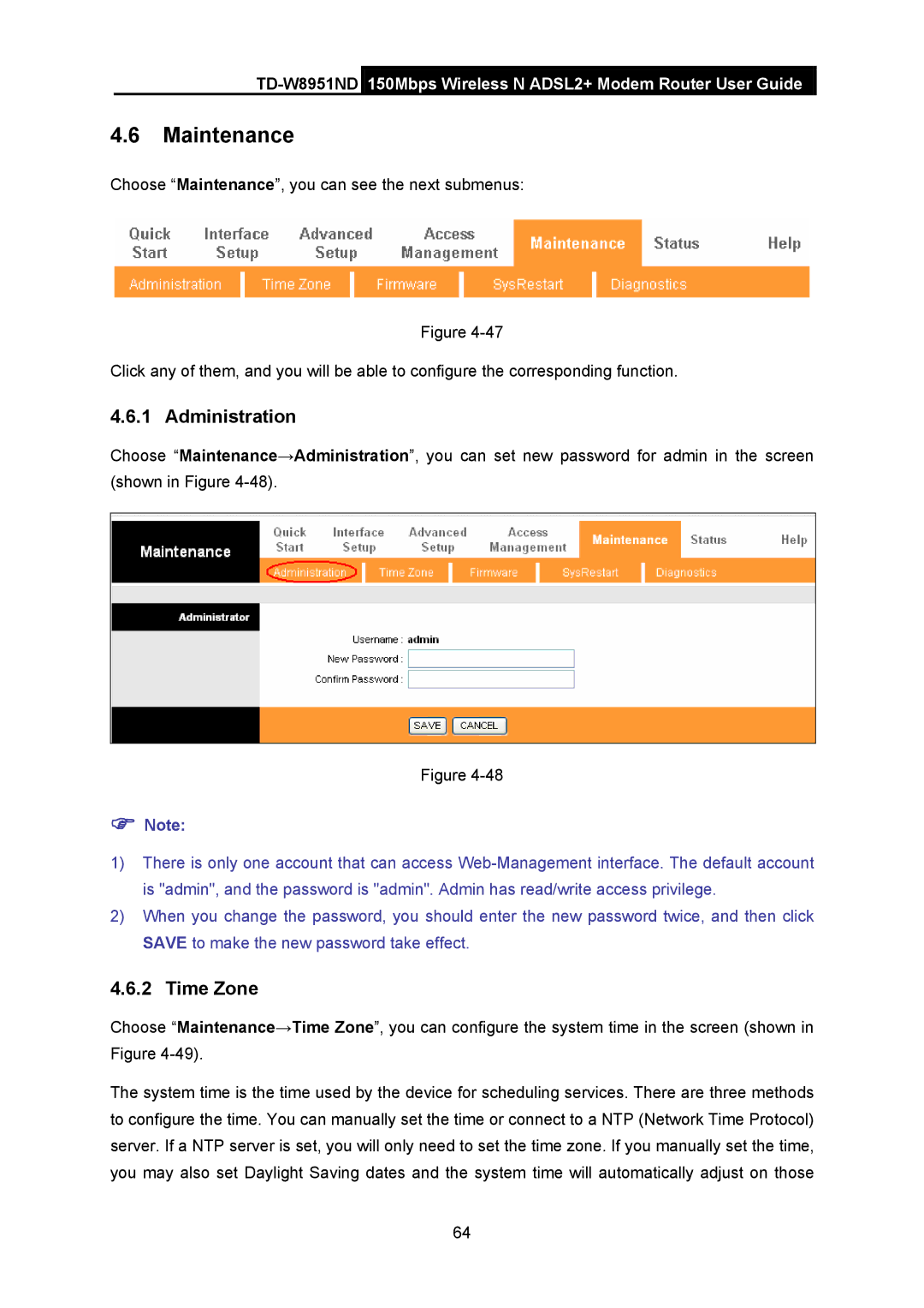 TP-Link td-w8951nd manual Maintenance, Administration, Time Zone 