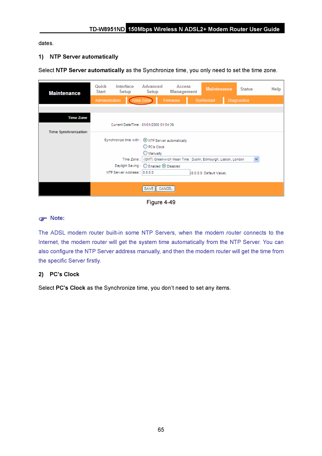 TP-Link td-w8951nd manual NTP Server automatically, PC’s Clock 