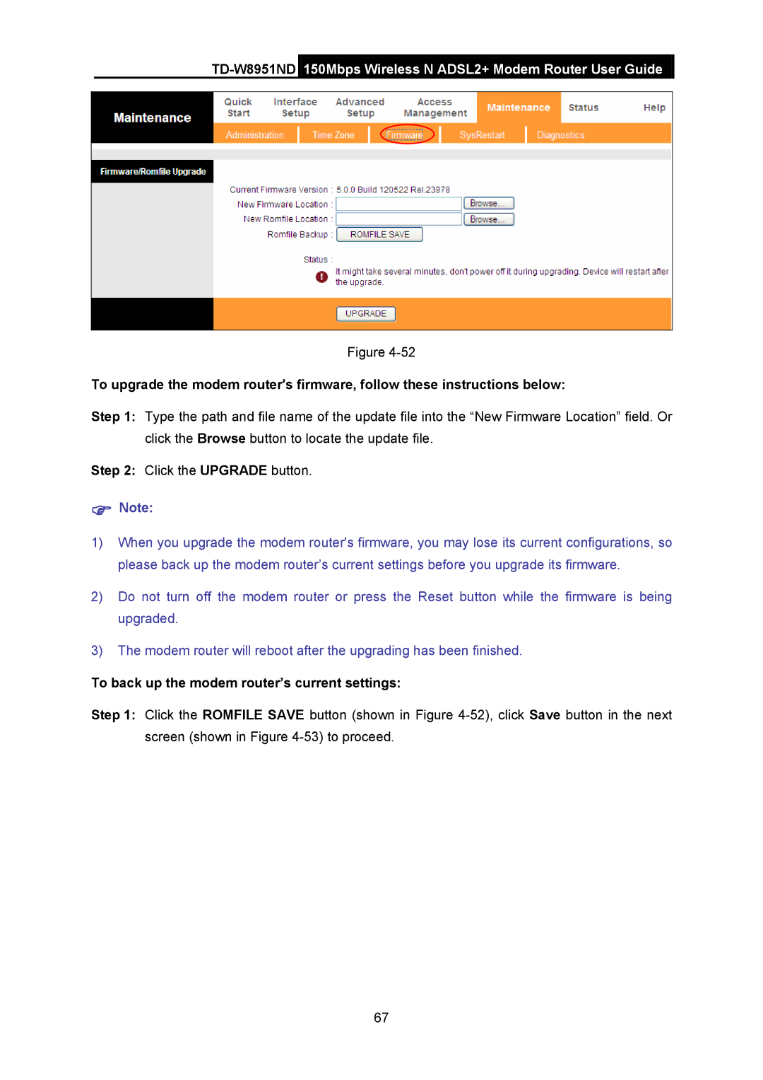 TP-Link td-w8951nd manual To back up the modem router’s current settings 