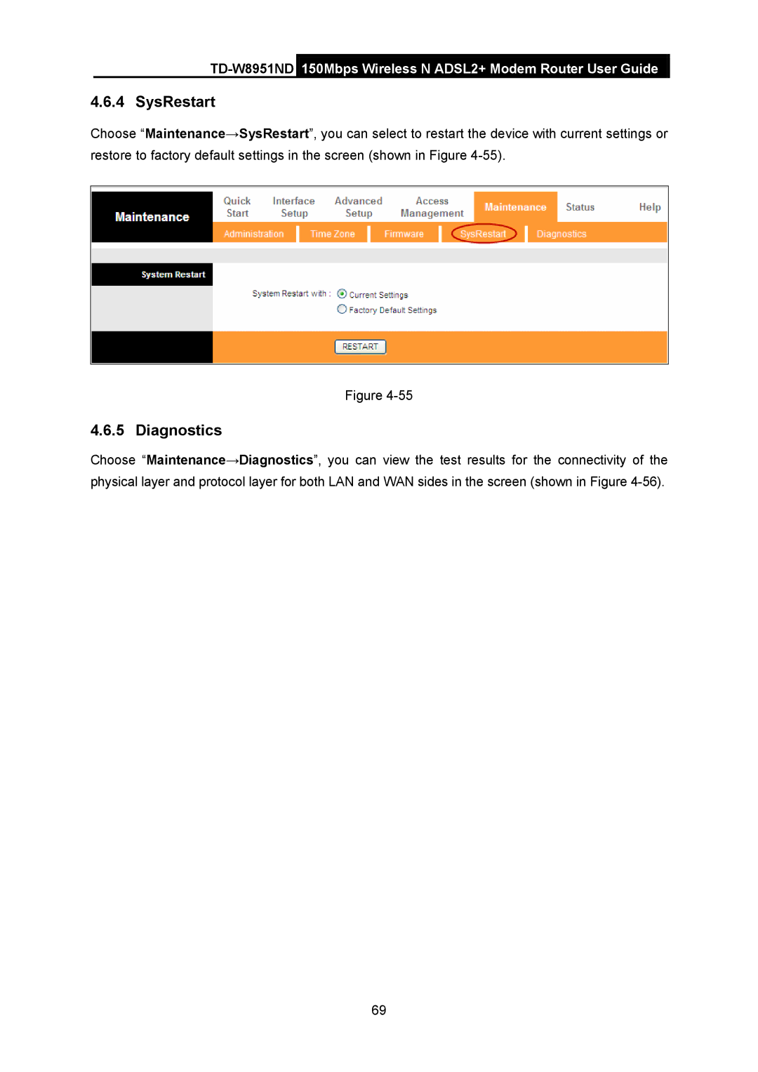 TP-Link td-w8951nd manual SysRestart, Diagnostics 