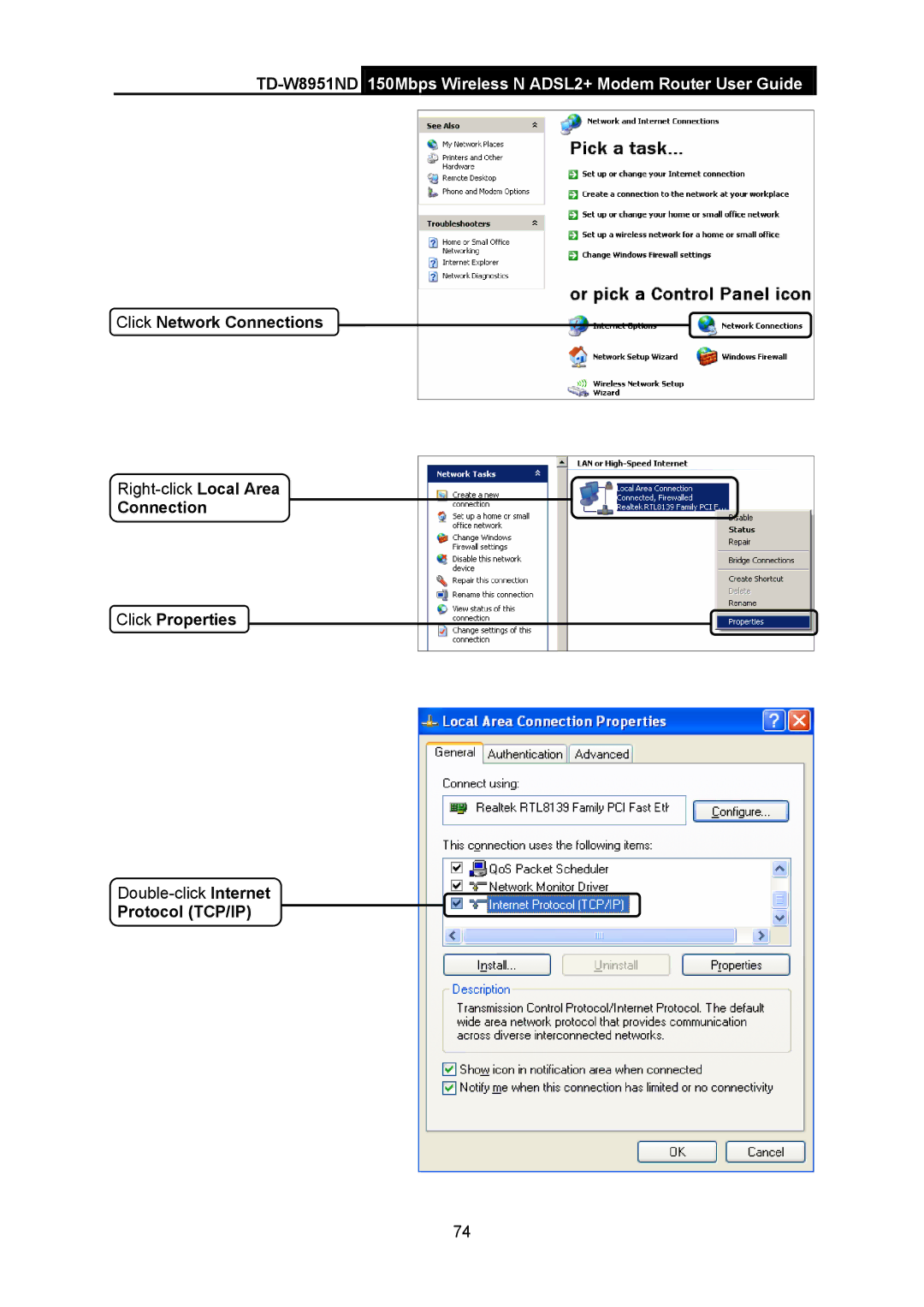 TP-Link td-w8951nd manual Click Network Connections, Connection Click Properties, Protocol TCP/IP 