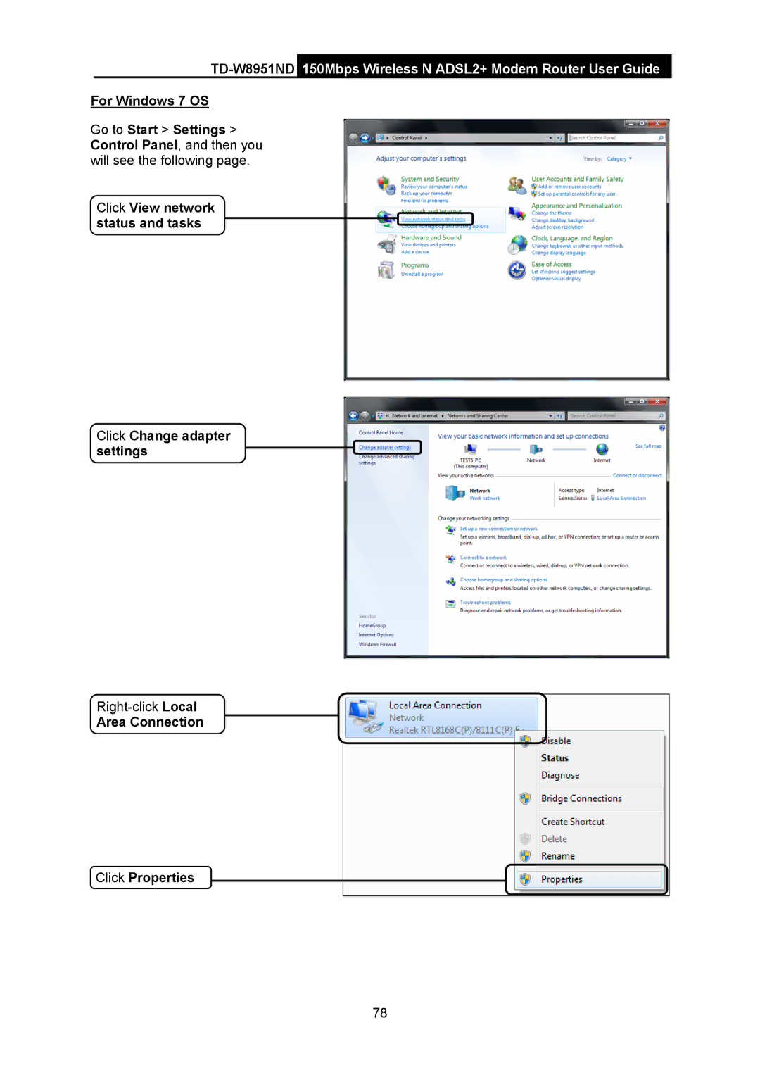 TP-Link td-w8951nd manual Area Connection Click Properties 