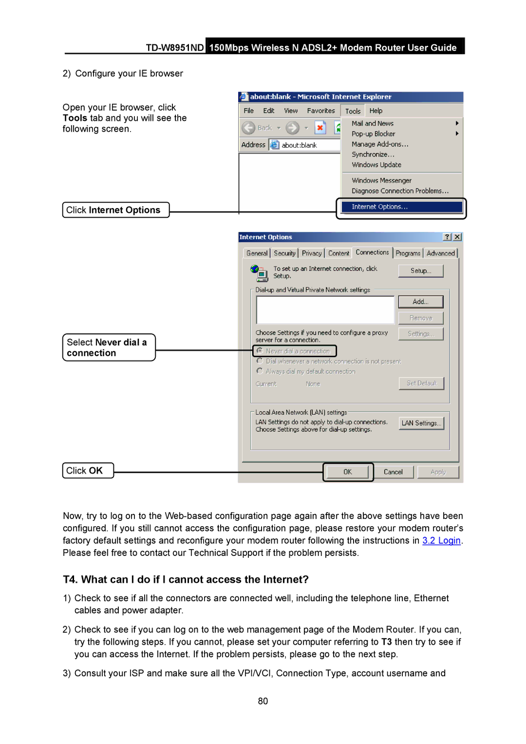 TP-Link td-w8951nd manual T4. What can I do if I cannot access the Internet? 