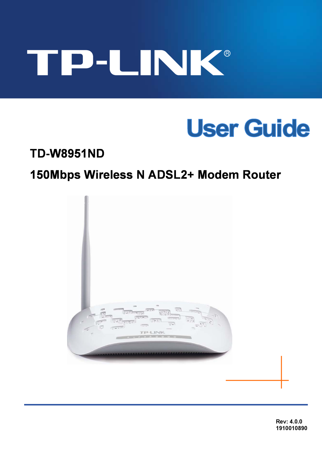 TP-Link td-w8951nd manual TD-W8951ND 150Mbps Wireless N ADSL2+ Modem Router, Rev 4.0.0 