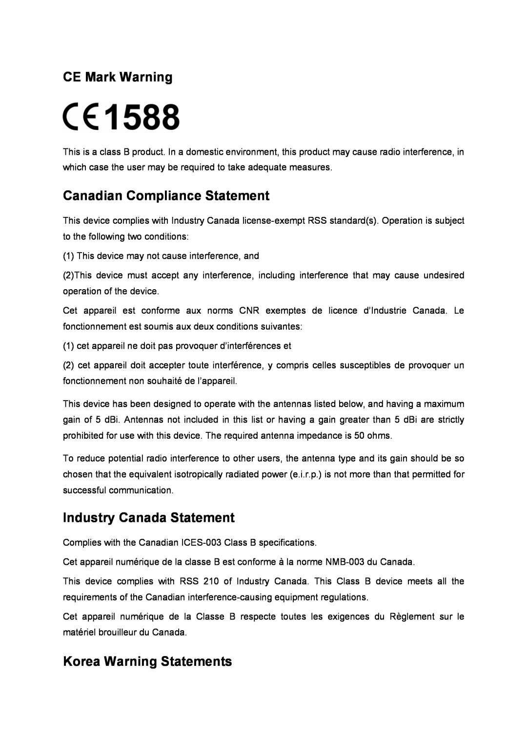TP-Link td-w8951nd CE Mark Warning, Canadian Compliance Statement, Industry Canada Statement, Korea Warning Statements 