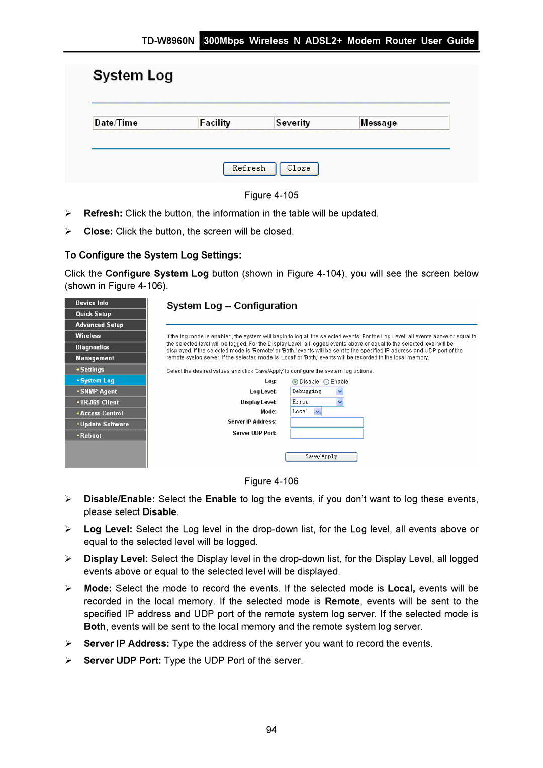 TP-Link TD-W8960N manual To Configure the System Log Settings 