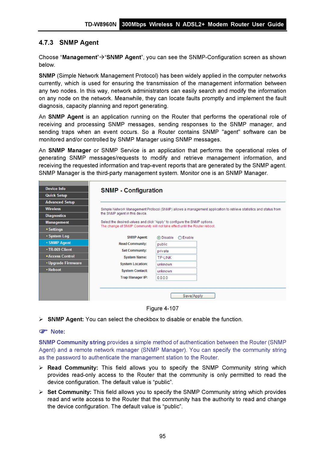 TP-Link TD-W8960N manual Snmp Agent 