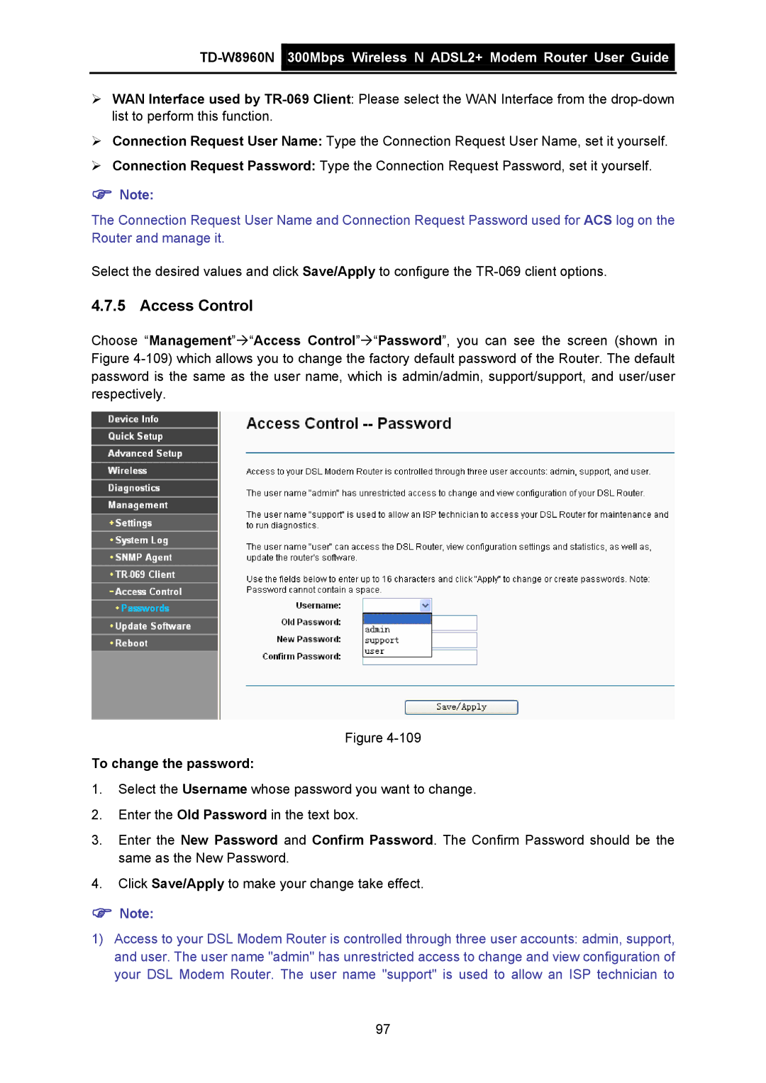 TP-Link TD-W8960N manual Access Control, To change the password 