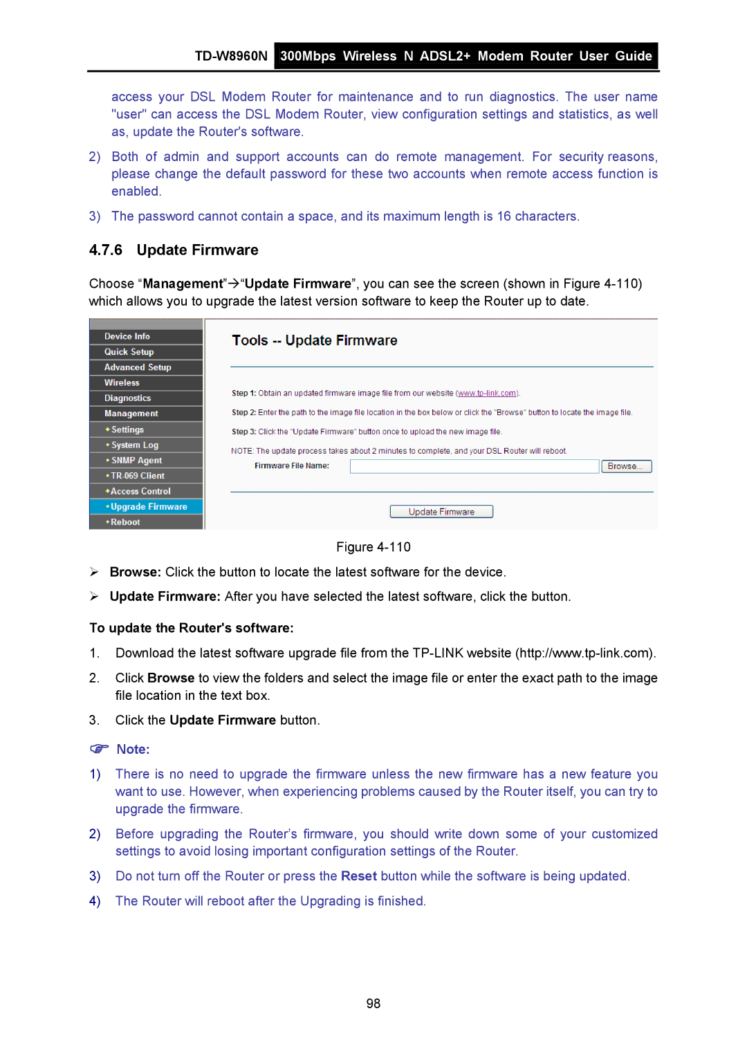 TP-Link TD-W8960N manual Update Firmware, To update the Routers software 