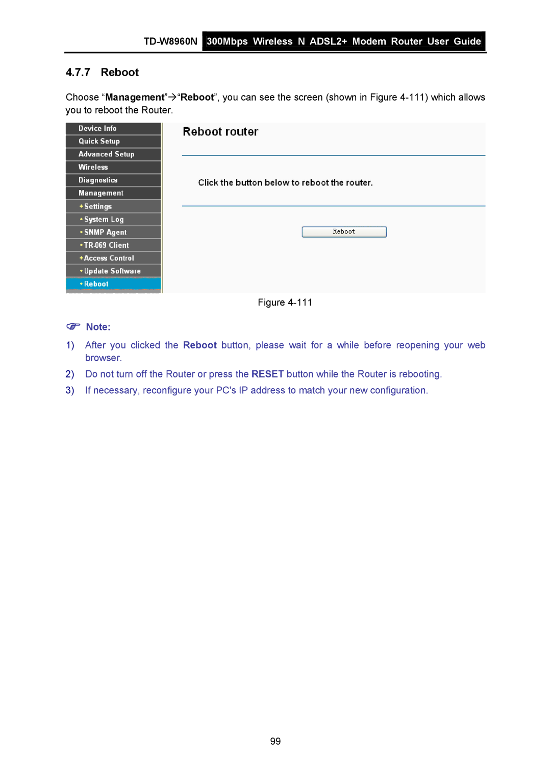 TP-Link TD-W8960N manual Reboot 