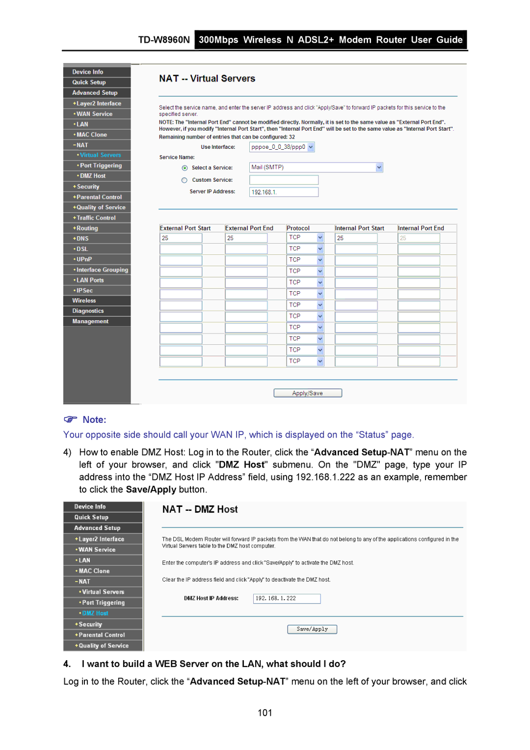 TP-Link TD-W8960N manual Want to build a WEB Server on the LAN, what should I do? 