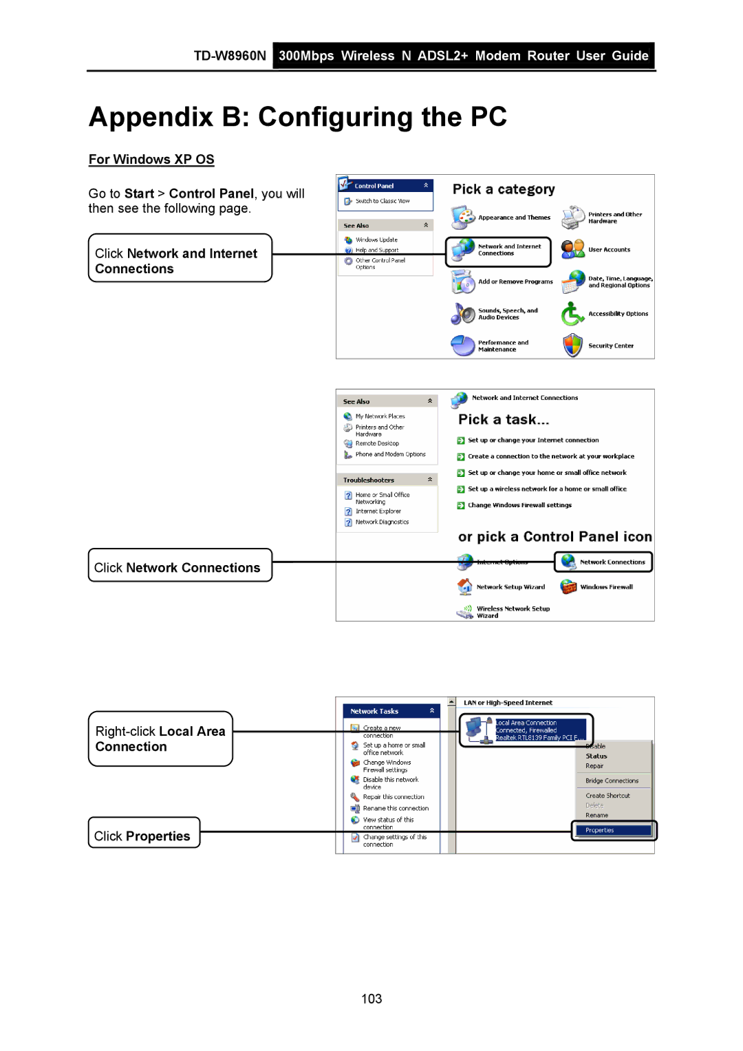 TP-Link TD-W8960N manual Appendix B Configuring the PC, Connection Click Properties 