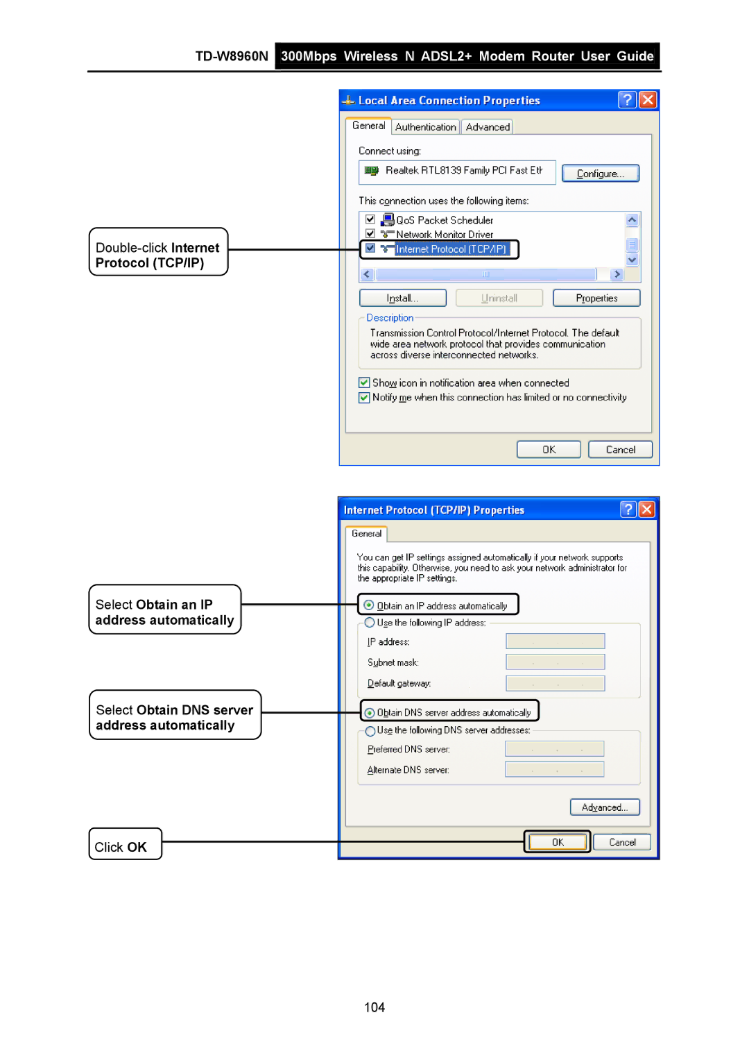 TP-Link TD-W8960N manual Protocol TCP/IP Select Obtain an IP address automatically 