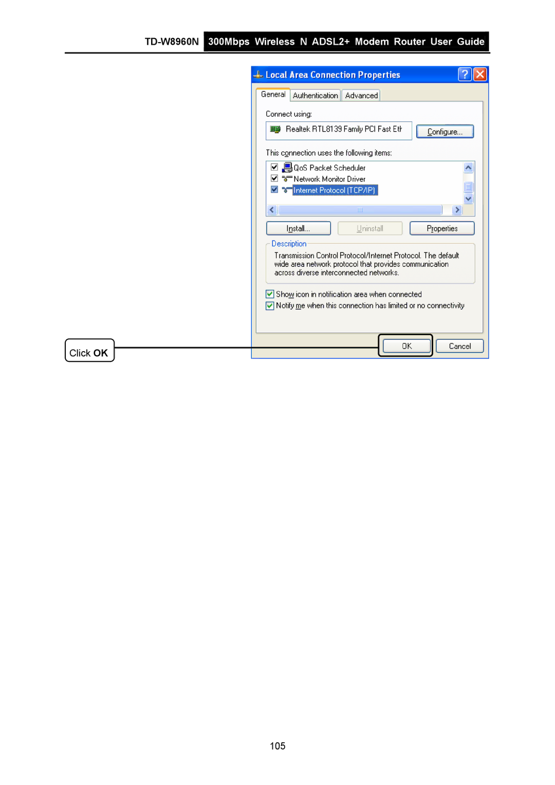 TP-Link TD-W8960N manual Click OK 105 