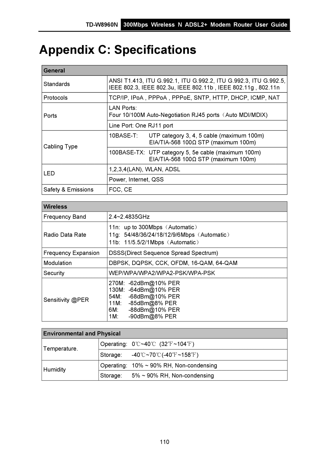 TP-Link TD-W8960N manual General, Wireless, Environmental and Physical 