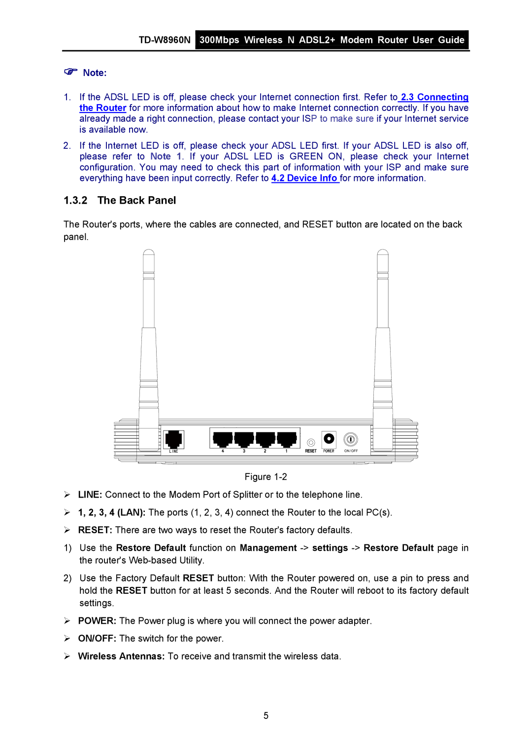 TP-Link TD-W8960N manual Back Panel 