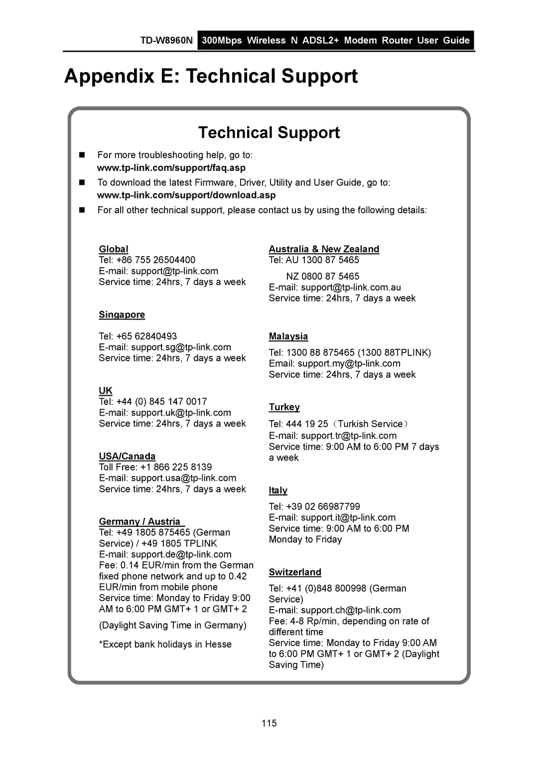 TP-Link TD-W8960N manual Global, Singapore, USA/Canada, Germany / Austria, Australia & New Zealand, Malaysia, Turkey, Italy 