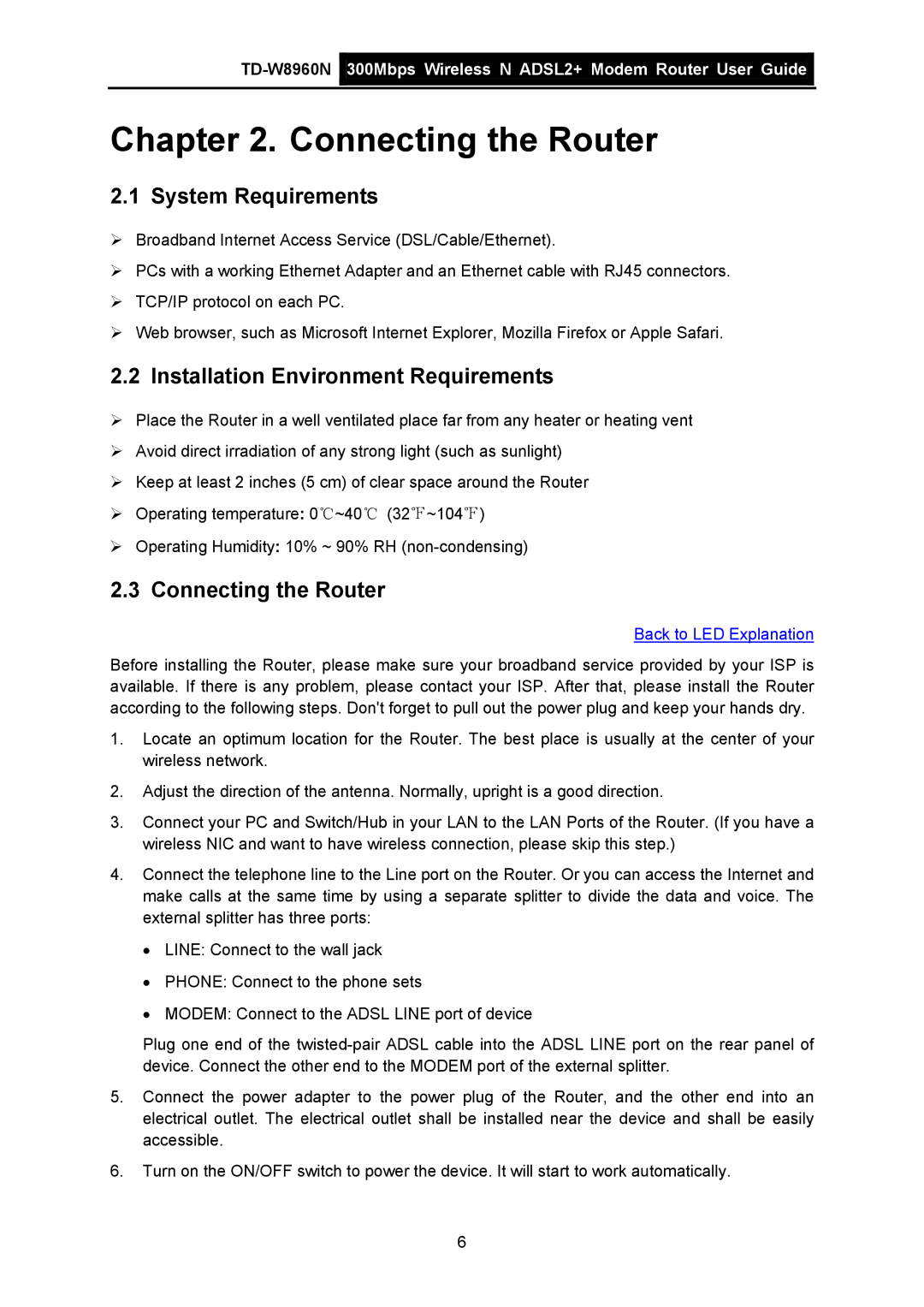 TP-Link TD-W8960N manual System Requirements, Installation Environment Requirements, Connecting the Router 