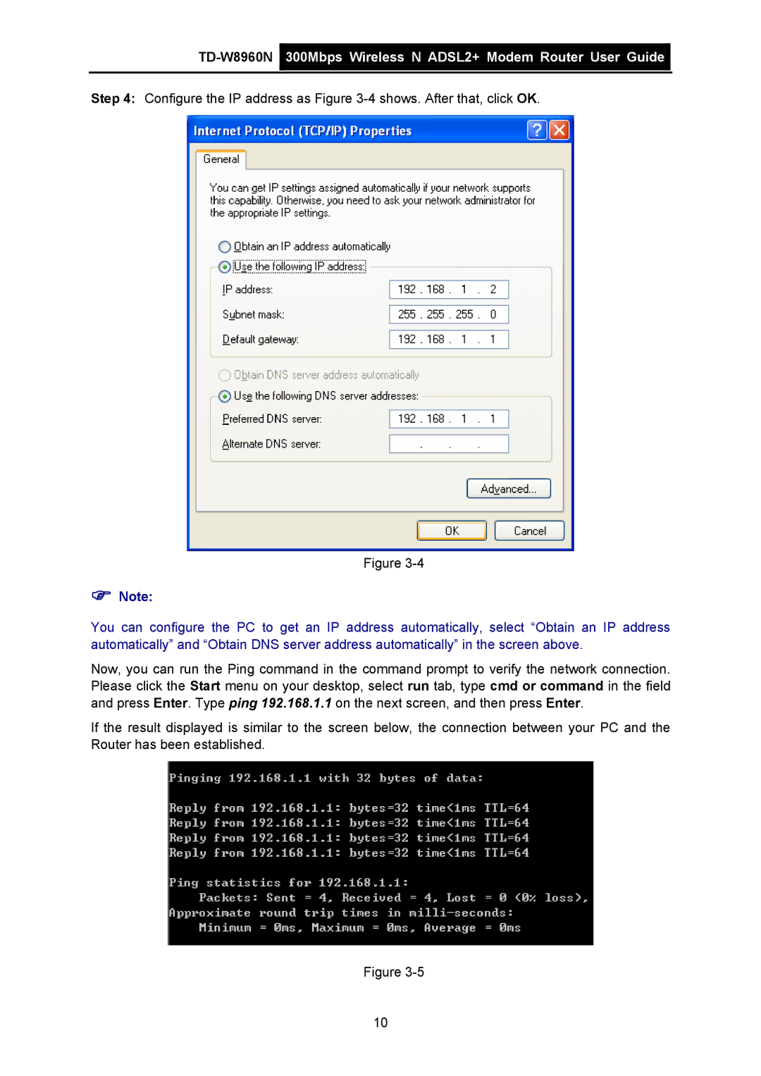 TP-Link TD-W8960N manual Configure the IP address as -4shows. After that, click OK 