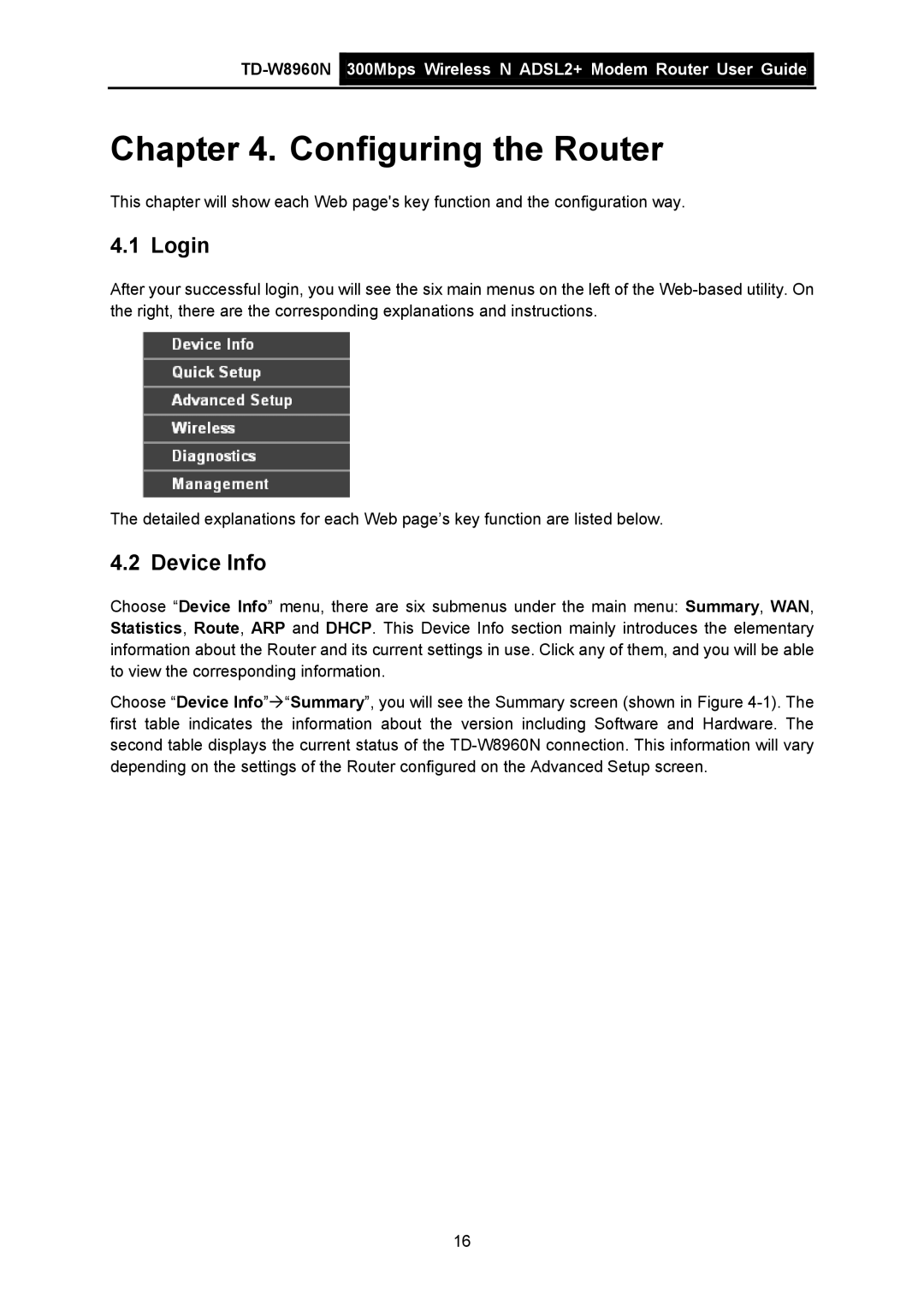 TP-Link TD-W8960N manual Login, Device Info 