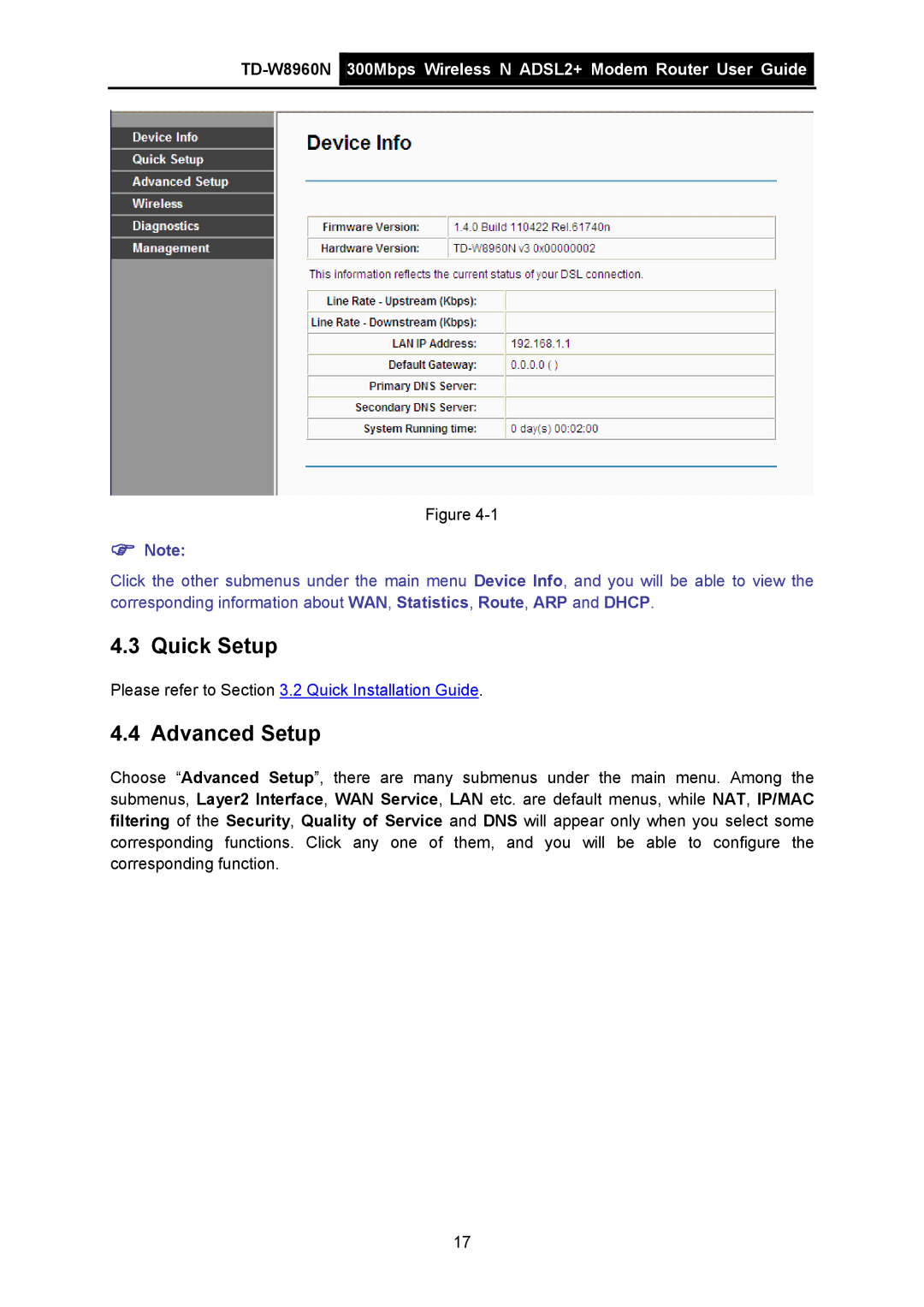 TP-Link TD-W8960N manual Quick Setup, Advanced Setup 