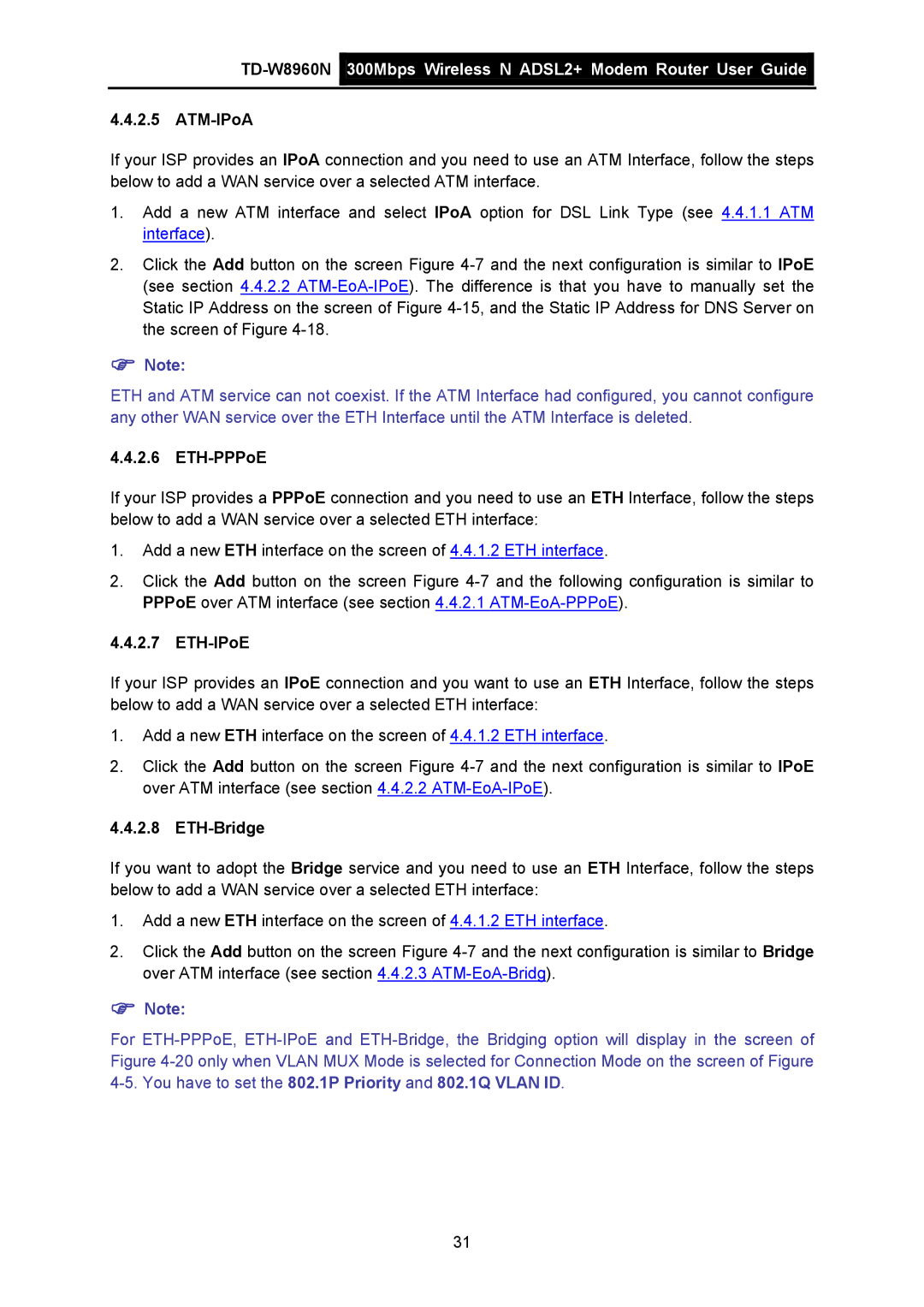 TP-Link TD-W8960N manual ATM-IPoA, ETH-PPPoE, ETH-IPoE, ETH-Bridge 