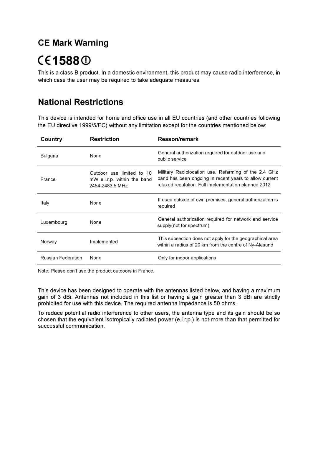 TP-Link TD-W8960N manual CE Mark Warning, Country Restriction Reason/remark 