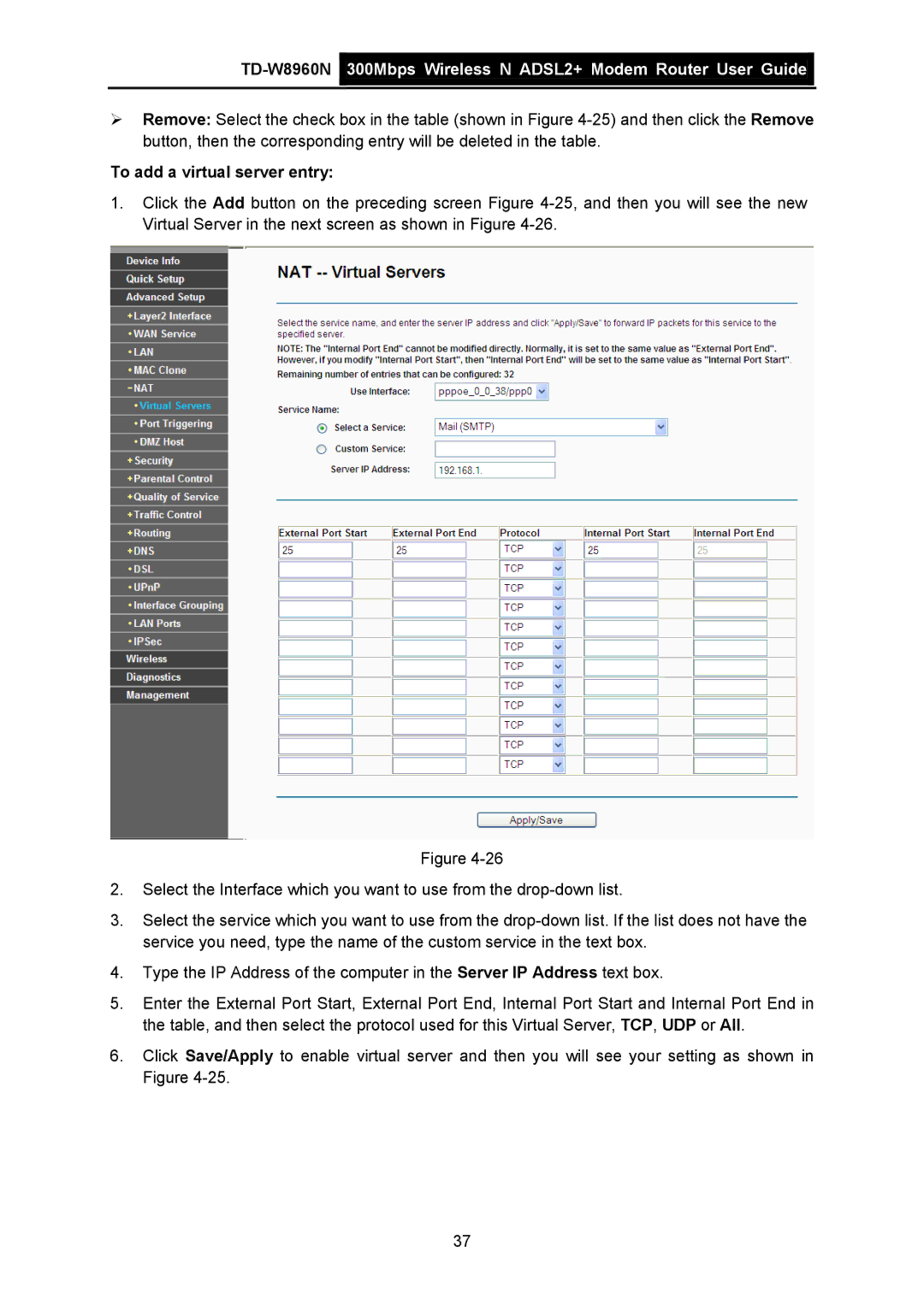 TP-Link TD-W8960N manual To add a virtual server entry 