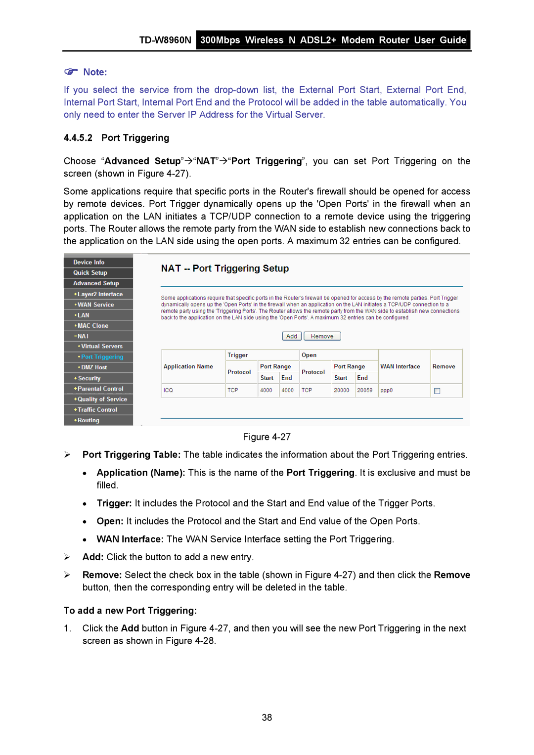 TP-Link TD-W8960N manual To add a new Port Triggering 