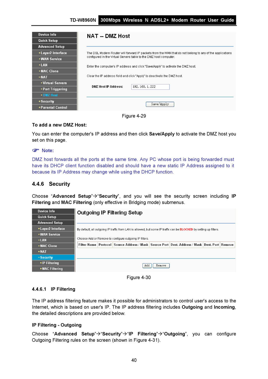 TP-Link TD-W8960N manual Security, To add a new DMZ Host, IP Filtering 