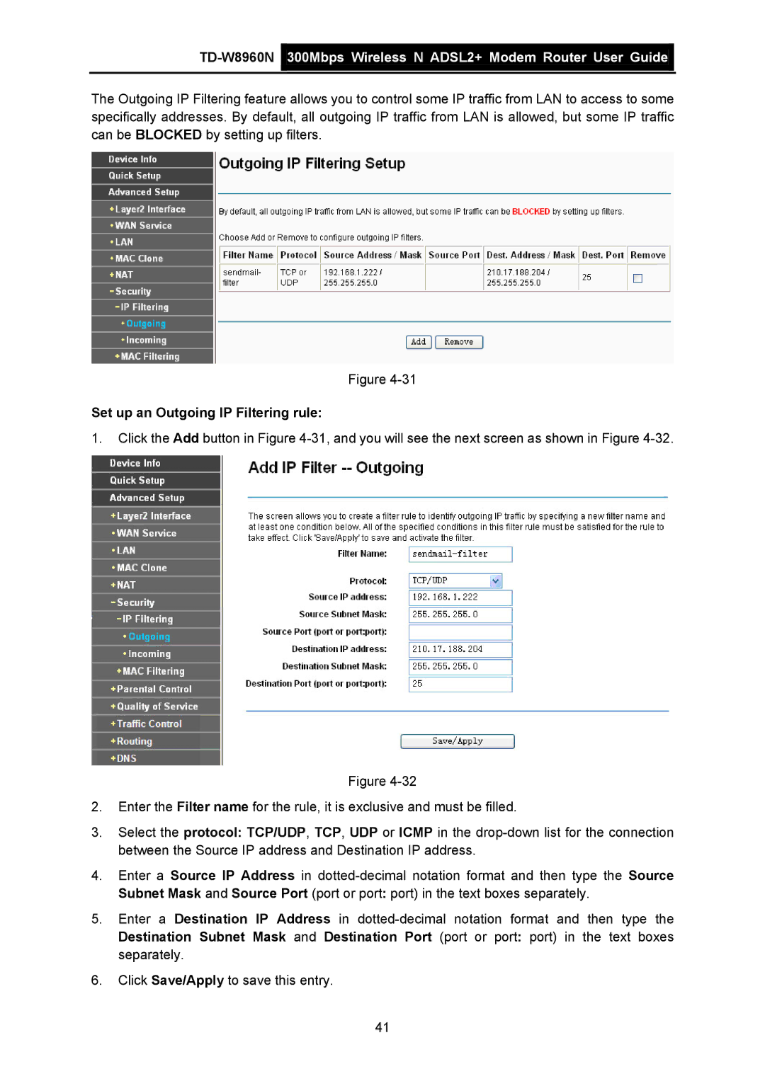 TP-Link TD-W8960N manual Set up an Outgoing IP Filtering rule 