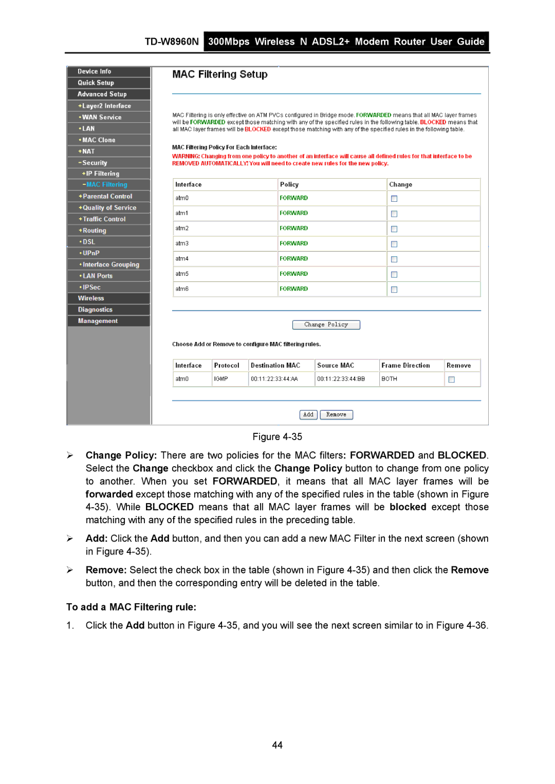 TP-Link TD-W8960N manual To add a MAC Filtering rule 