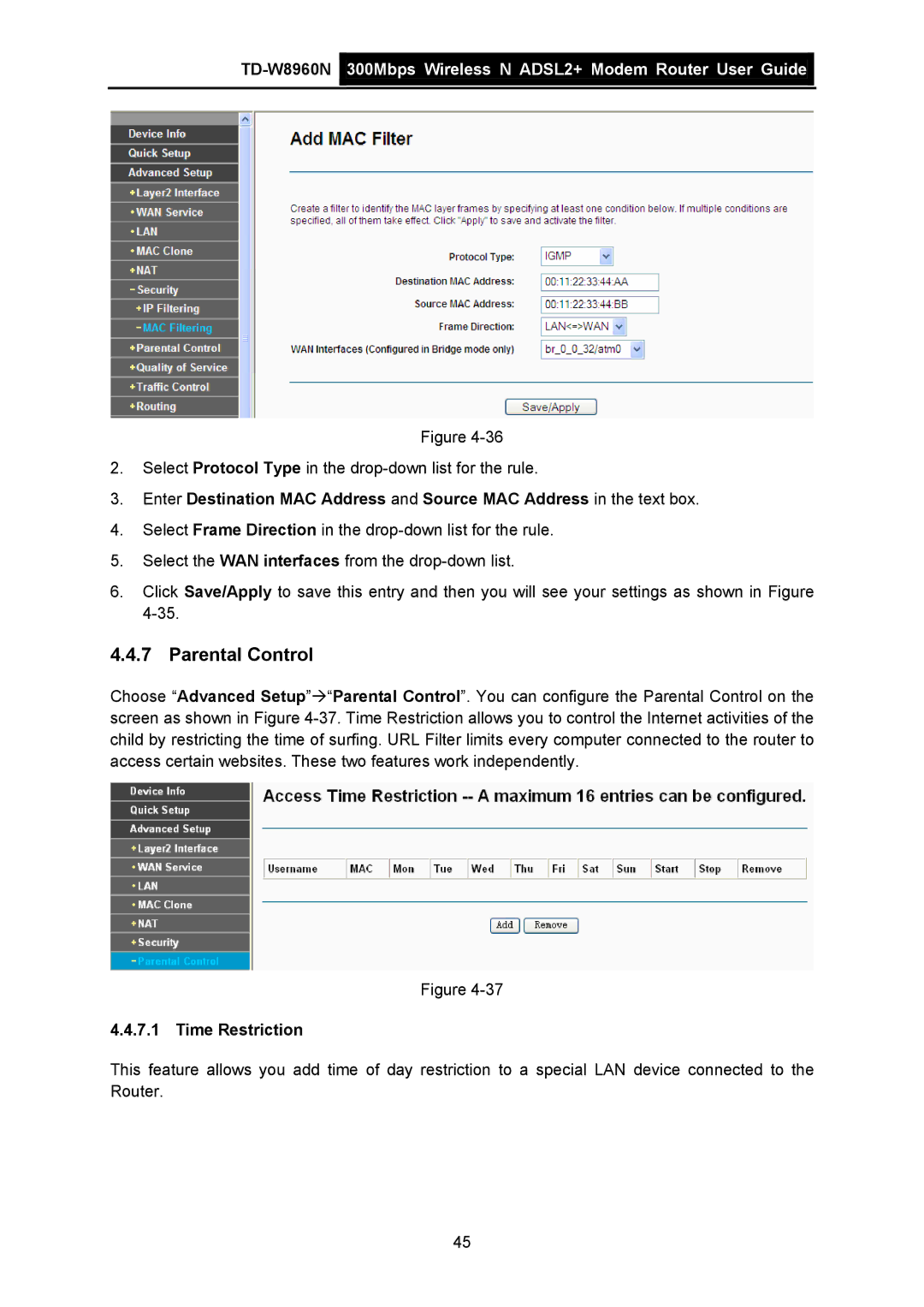 TP-Link TD-W8960N manual Parental Control, Time Restriction 