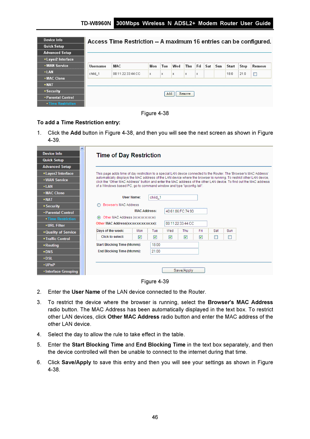 TP-Link TD-W8960N manual To add a Time Restriction entry 