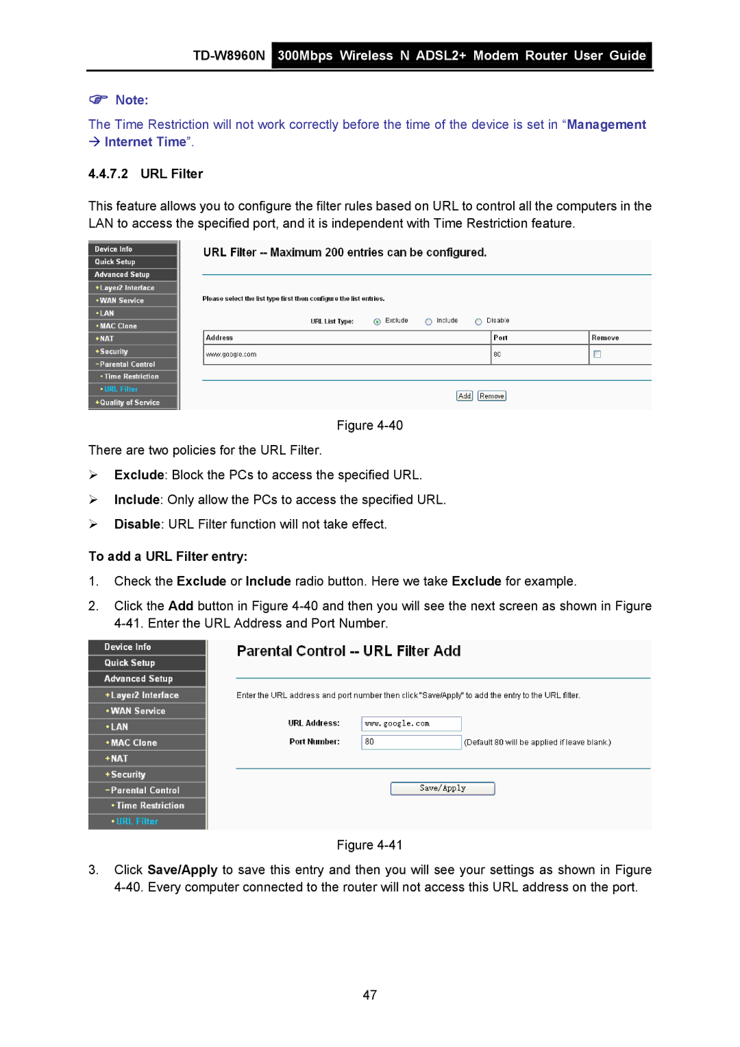 TP-Link TD-W8960N manual To add a URL Filter entry 