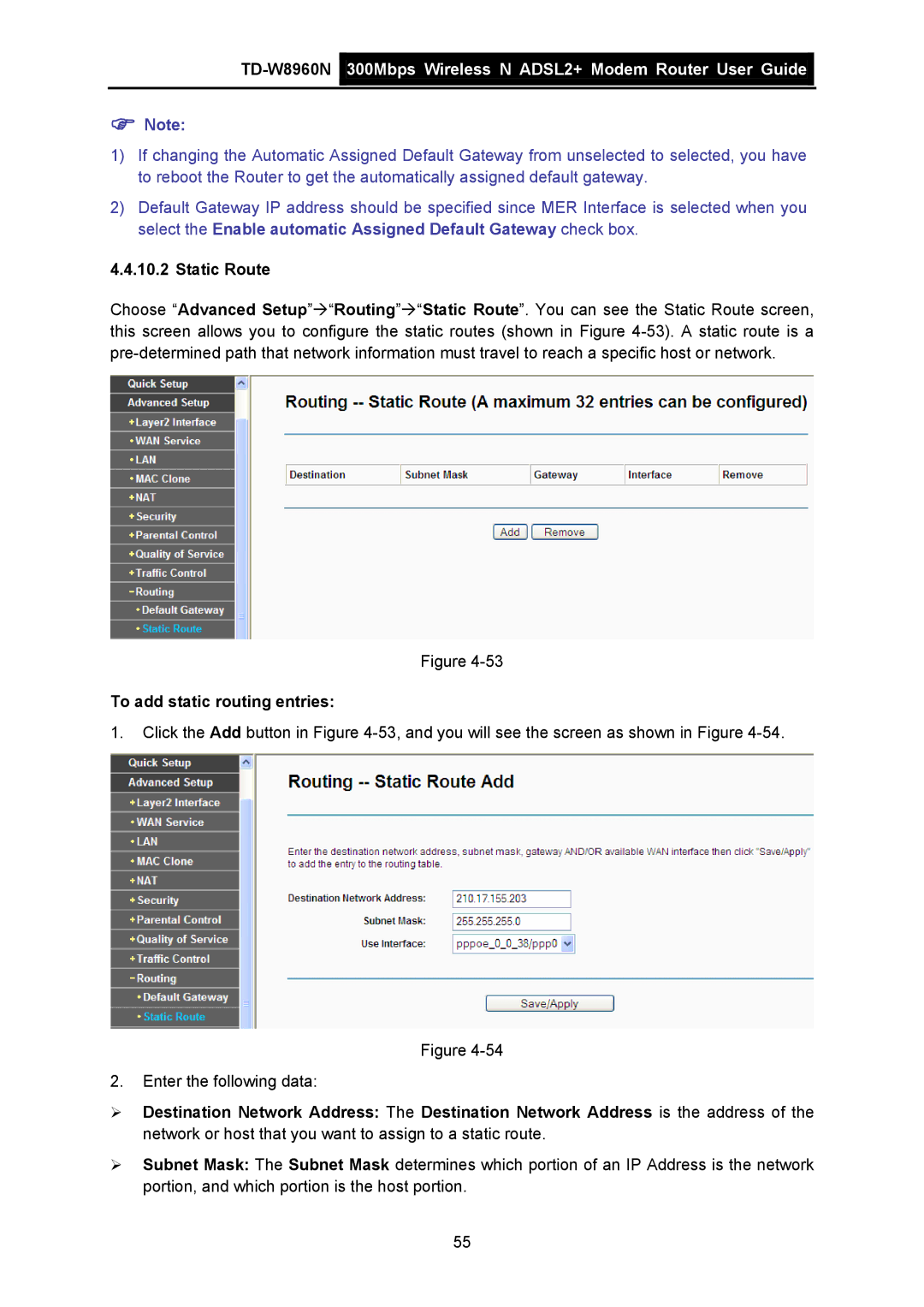 TP-Link TD-W8960N manual Static Route, To add static routing entries 