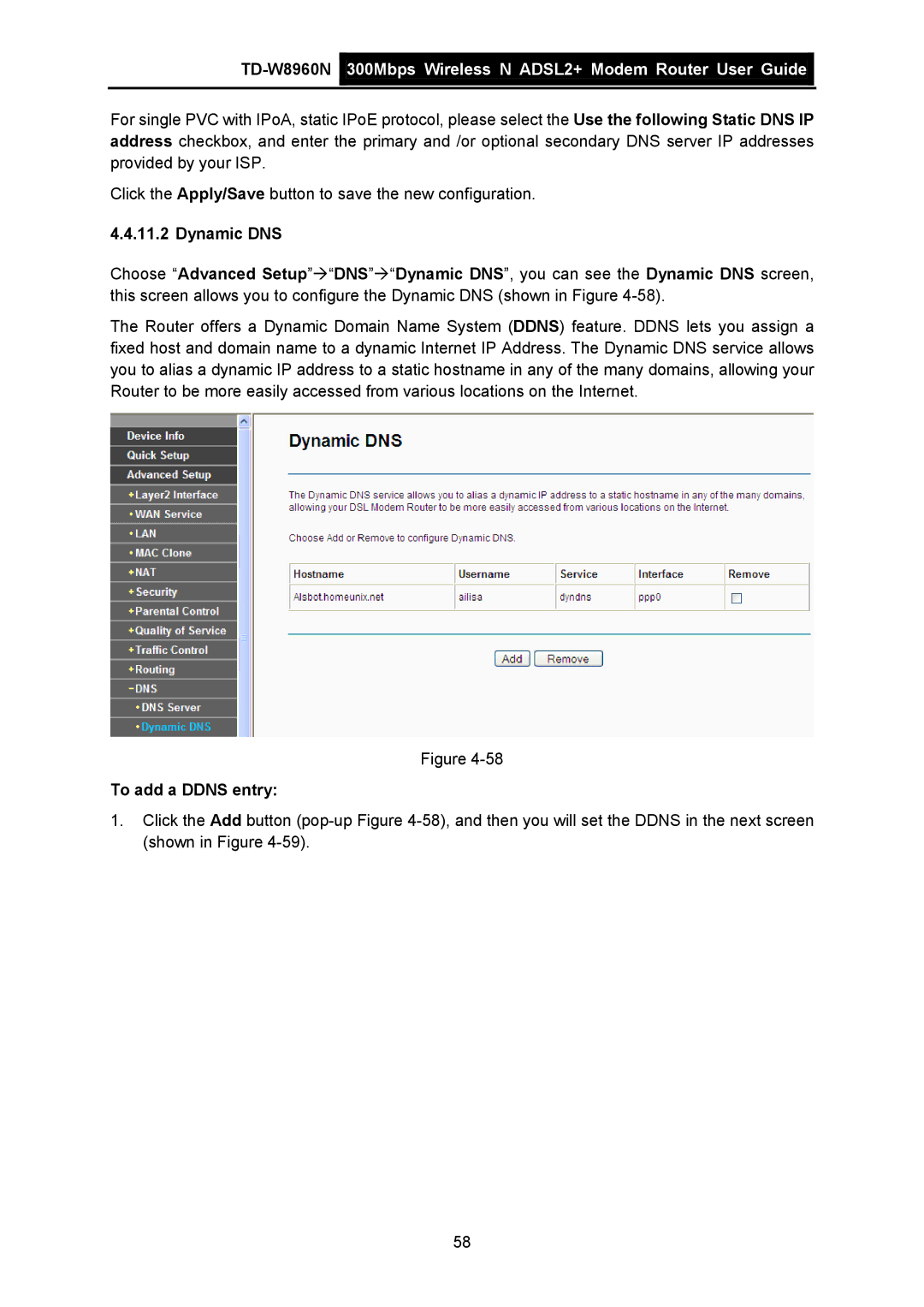 TP-Link TD-W8960N manual Dynamic DNS, To add a Ddns entry 