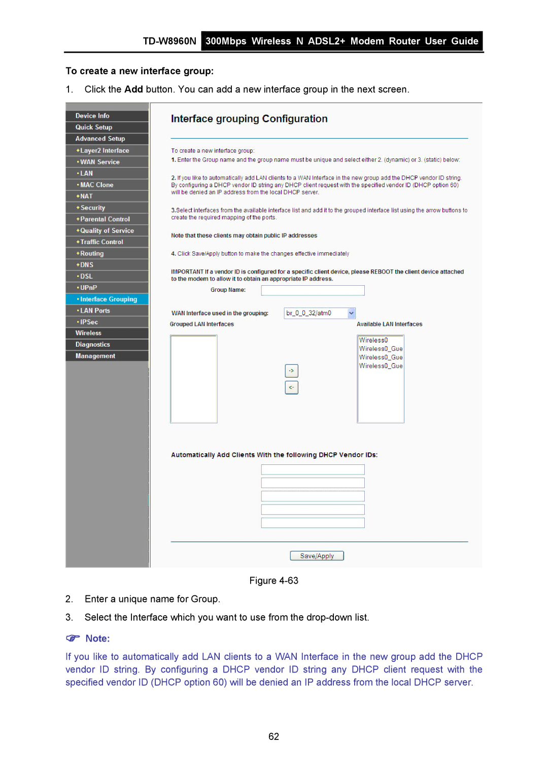 TP-Link TD-W8960N manual To create a new interface group 