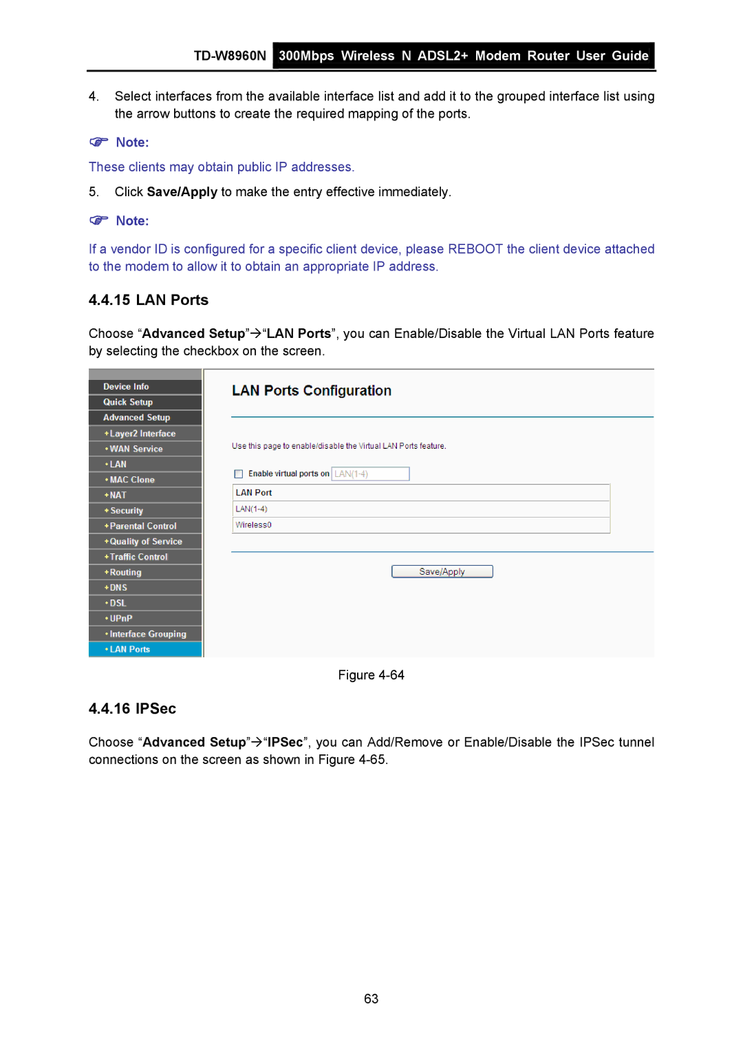 TP-Link TD-W8960N manual LAN Ports, IPSec 