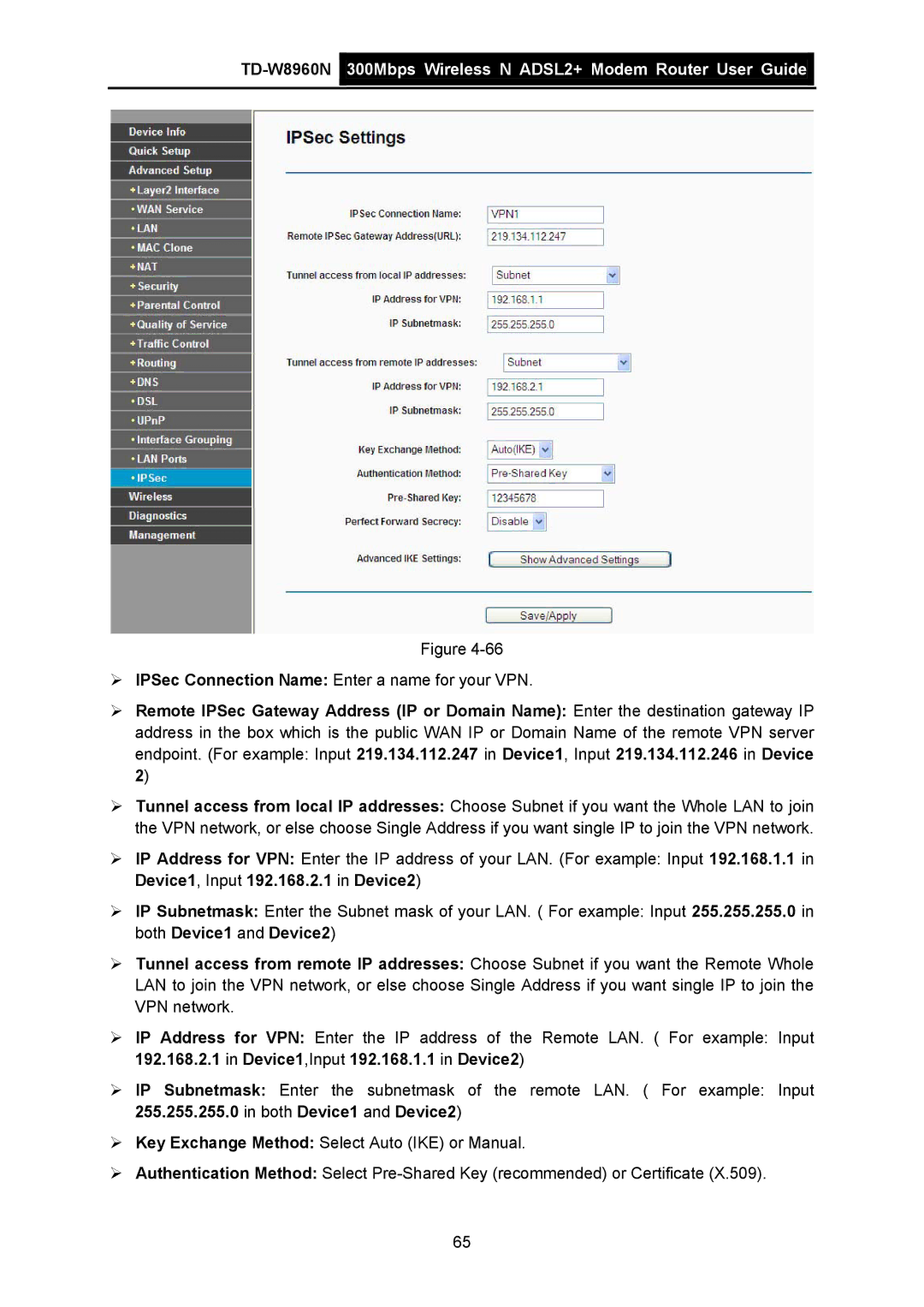 TP-Link TD-W8960N manual ¾ IPSec Connection Name Enter a name for your VPN 