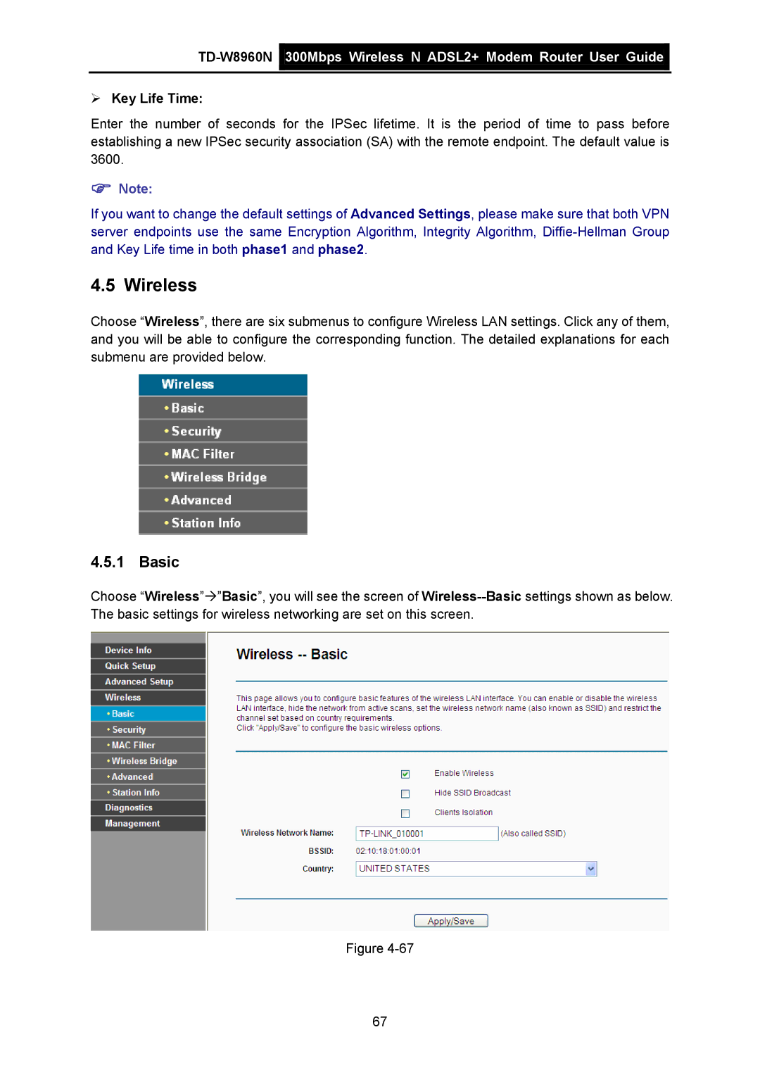 TP-Link TD-W8960N manual Wireless, Basic, ¾ Key Life Time 