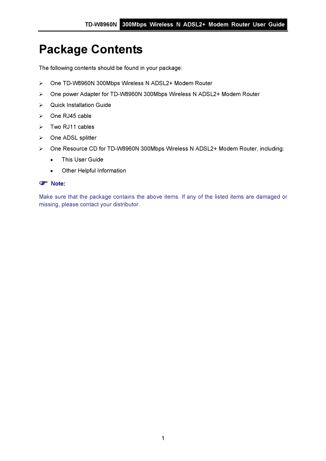 TP-Link TD-W8960N manual Package Contents 