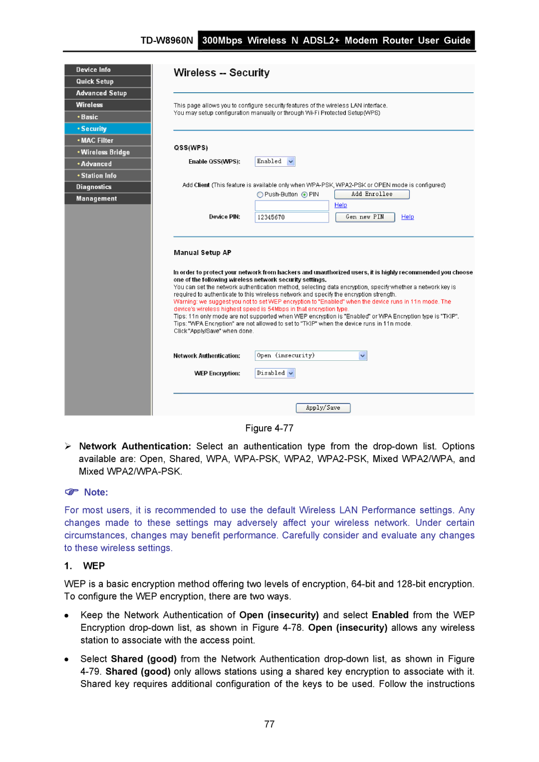 TP-Link TD-W8960N manual Wep 