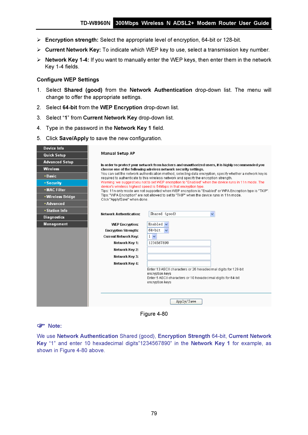 TP-Link TD-W8960N manual Configure WEP Settings 