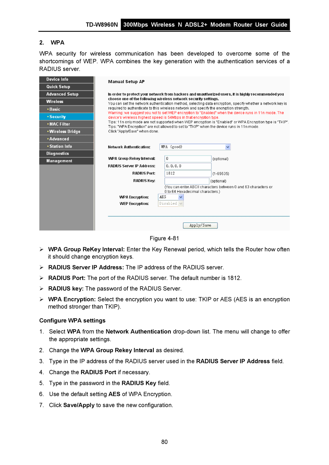 TP-Link TD-W8960N manual Wpa, Configure WPA settings, Change the WPA Group Rekey Interval as desired 